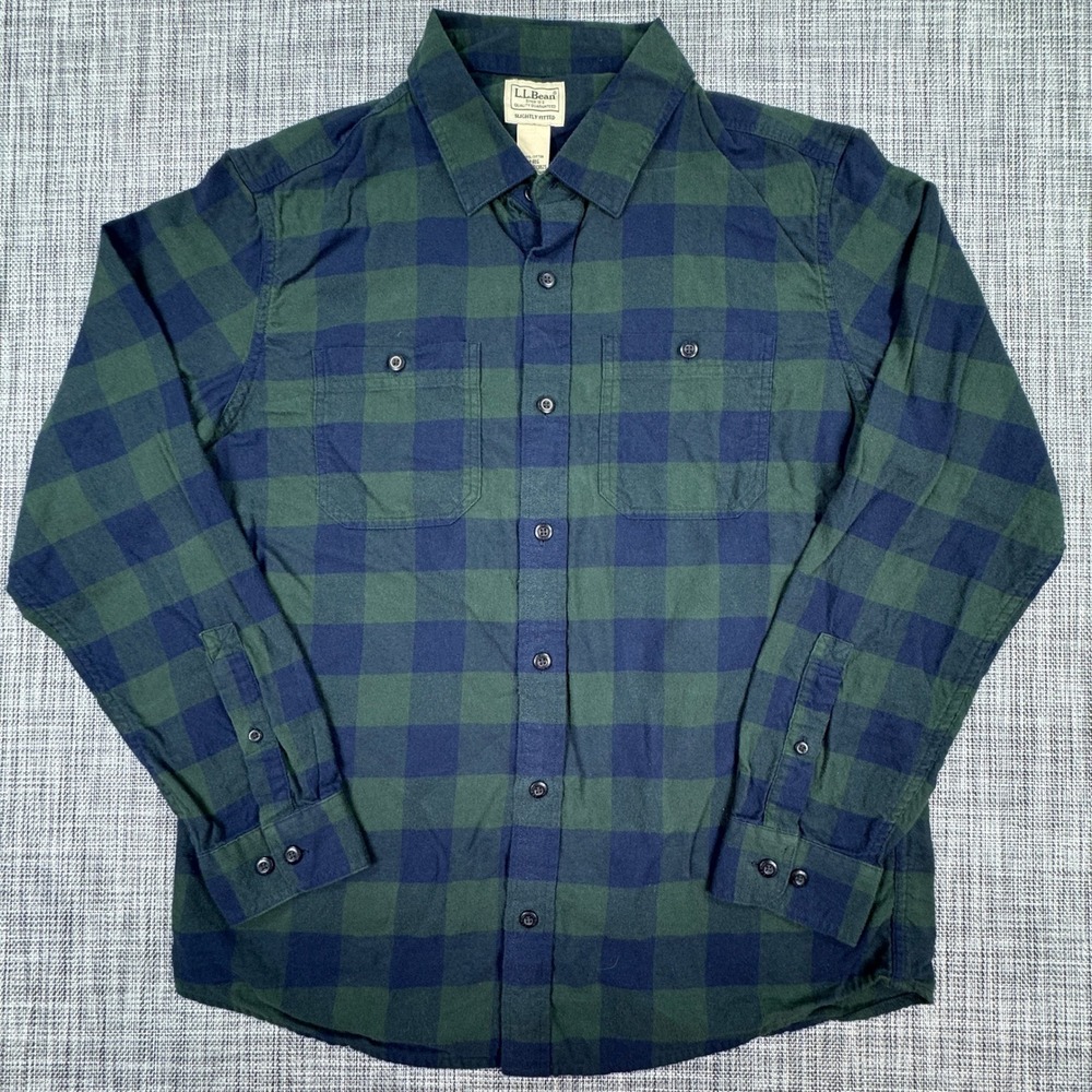 LL Bean Mens Medium Slightly Fitted Flannel Shirt Green Blue Plaid Long Sleeve